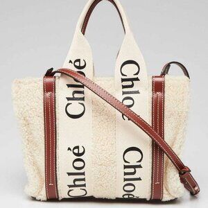 Chloe Beige/Brown Canvas/Leather/Shearling Small Woody Tote Bag